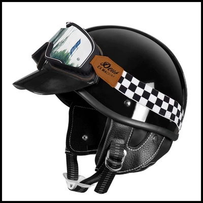 retro motorcycle helmet, custom-made men's, Motosiklet kaskı (dəbilqə) - glossy-black-black-and-white-checkered-goggles-s52-53