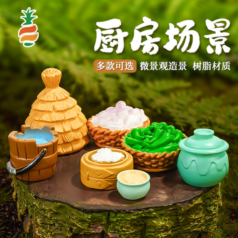 Accesorios de paisaje Pajar Cubo de madera Pimiento Ajo Micro vino Tazón Cesta de bambú Bollos al vapor Decoración de resina Artesanía
