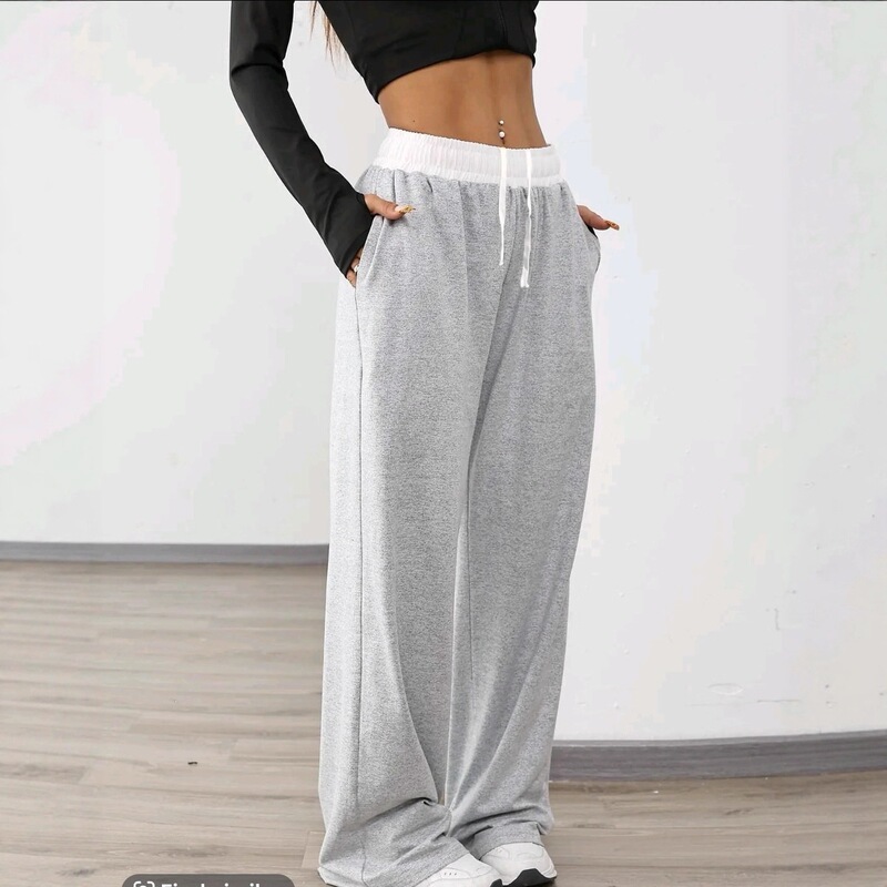 Hot-Selling European and American Cross-Border Spring and Autumn New Women's Color-Block Drawstring Waist Sports Jogging Pants with Pocket Design Wide-Leg Pants