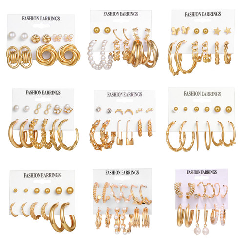 Retro gold earring set 6-piece earring set European and American cross-border French geometric inlaid pearl earrings