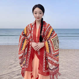 民族风挂须流苏棉麻印花围巾女新款跨境小清新文艺旅游防晒披肩