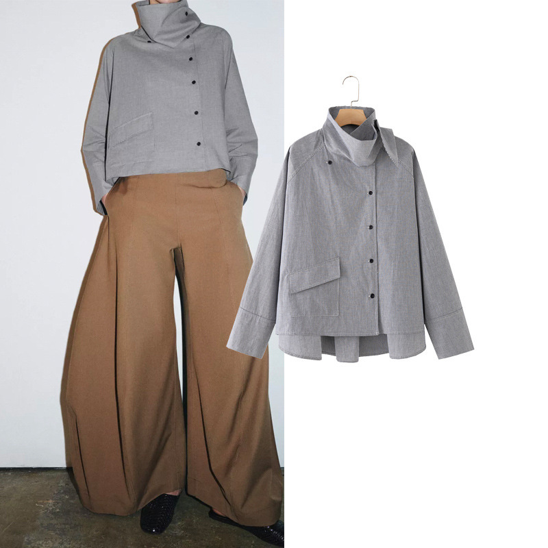 2026 Spring New Women's Plaid Pocket Loose Designer Cotton High Collar Pleated Trench Style Shirt 1063