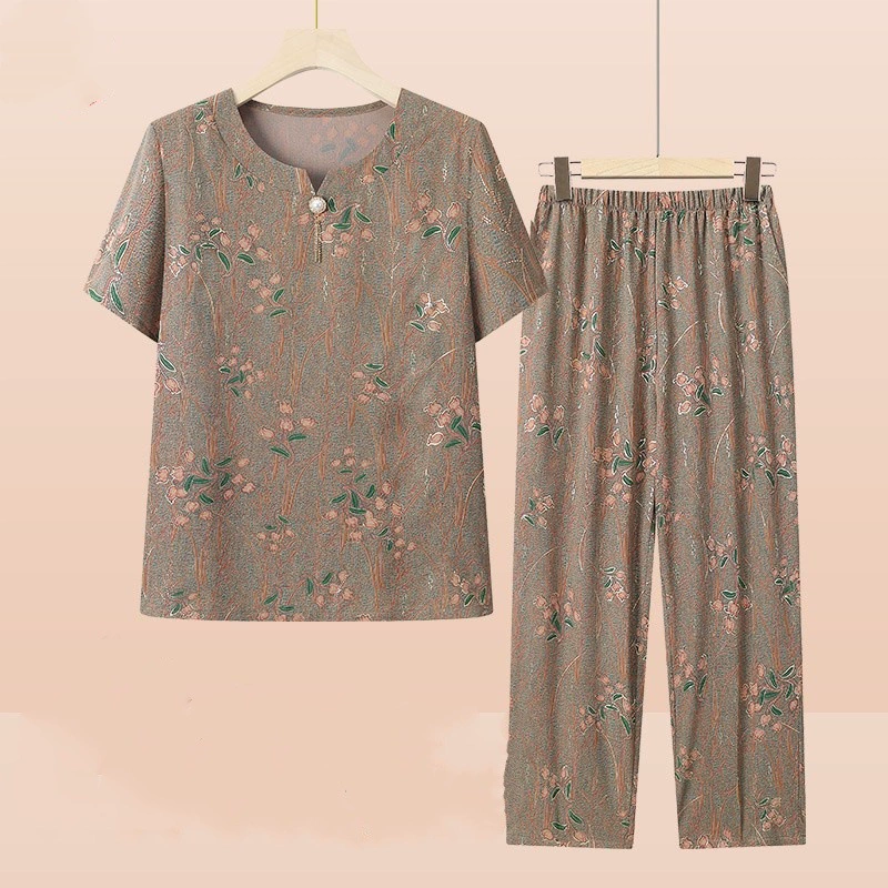 Летний костюм из ледяного шелка для пожилых женщин, летняя футболка для мамы с короткими рукавами, комплект из двух предметов большого размера для старых дам, чтобы остыть