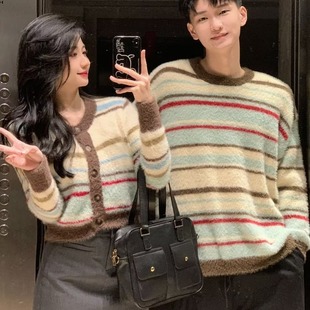 Couple's Autumn and Winter Long and Short Japanese Style Lazy Style Retro Striped Cardigan Sweater 2023 New Knitted Jacket