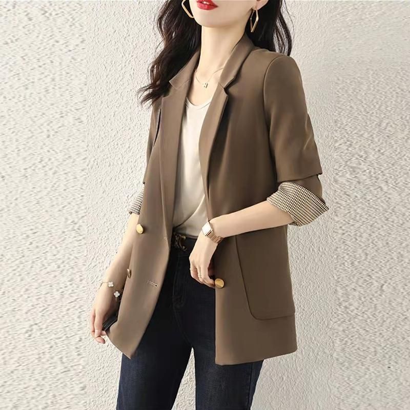 Brown Blazer for Women, New Korean Style British Casual Petite Design Niche Suit Jacket for Spring and Autumn