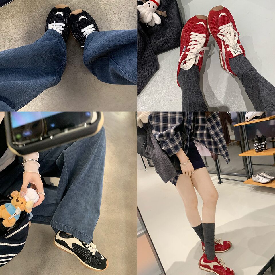 Giày sneaker nữ da bò lưới thân thấp dây buộc gót ẩn 6 cm — Đen (Gót ẩn 6CM) - Còn hàng, Đỏ (Gót ẩn 6CM) - Còn hàng