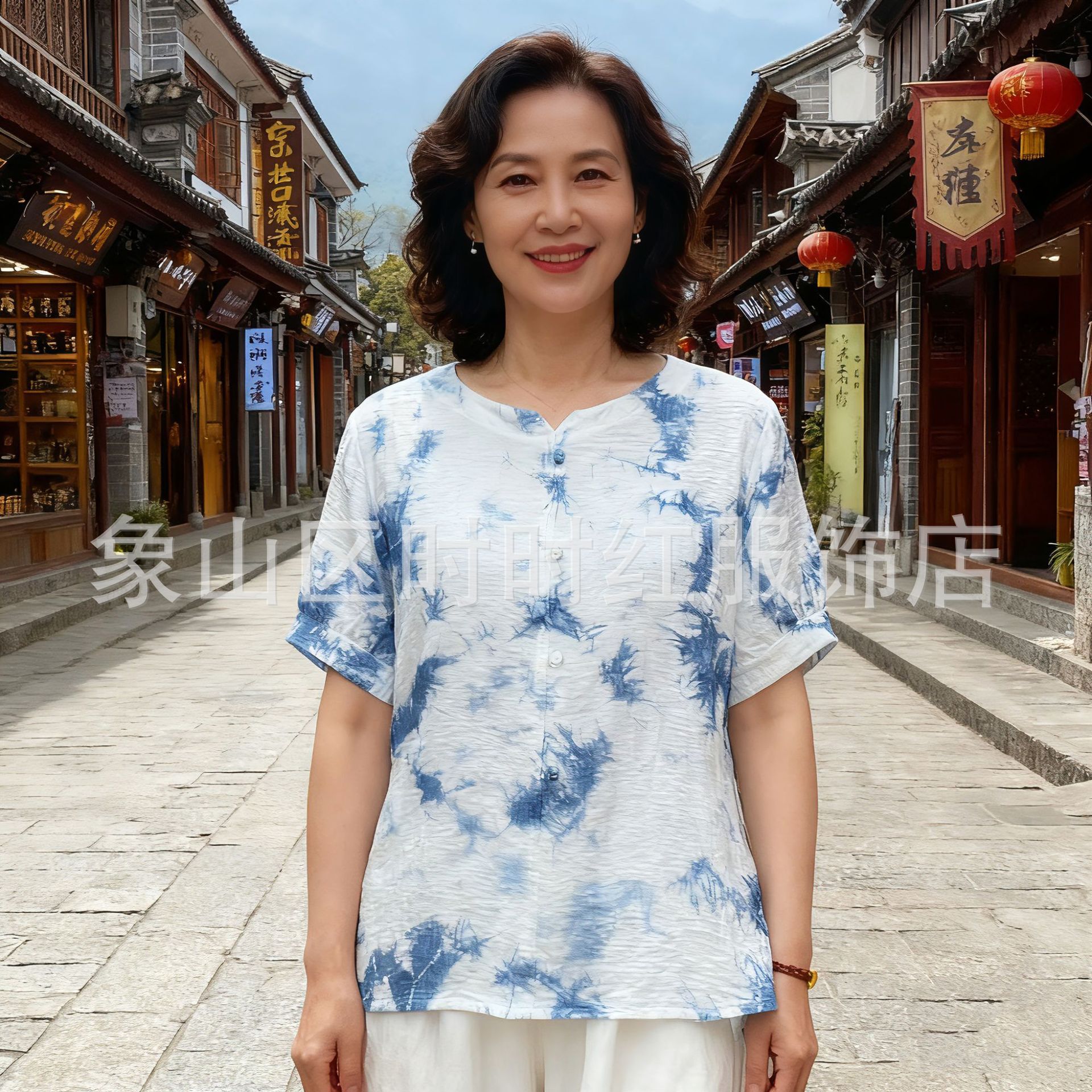 새로운 넥타이 염색 화이트 배아 실크 린넨 미드 슬리브 셔츠 옷깃 라운드 넥 느슨한 슬리밍 우아한 올 매치 통근자 탑