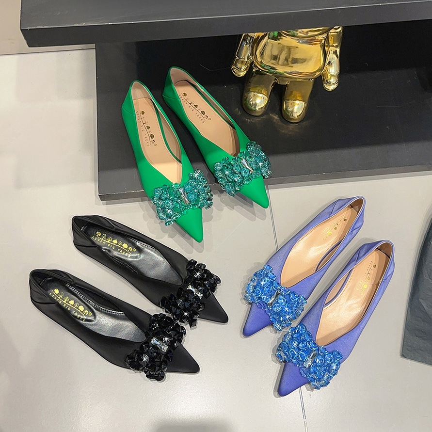 2873-H27 Korean version comfortable light luxury women's shoes flat heel shoes silk shallow mouth pointed rhinestone bow flat sole shoes