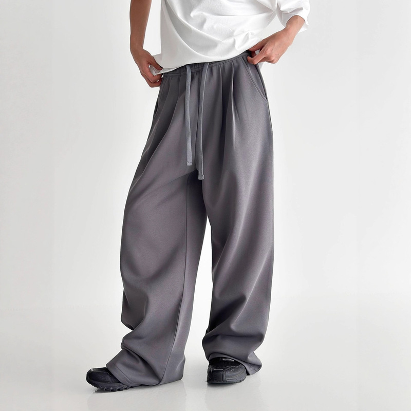 Double-Row Pleated Design, Loose Straight-Leg Sweatpants, Drapey, Non-Fitting Waist and Feet, Double-Adjustable High-Elastic Elastic Waist for Outer Wear