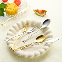 跨境304不锈钢水果叉子创意月饼刀叉不锈钢甜品勺二齿水果叉搅拌