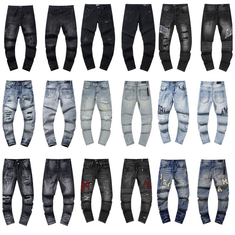 Amiri Cross-Border New Trendy Street Retro Embroidered Rhinestone Ripped Foreign Trade Ready-Made Jeans Factory Amiri Cross-Border New Trendy Street Retro Embroidered Rhinestone Ripped Foreign Trade Ready-Made Jeans Factory