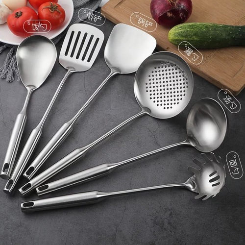 201 stainless steel kitchen tools full set home cooking spatulas, long-handled thick frying spatulas, slotted spoons, soup spoons, six-piece set wholesale