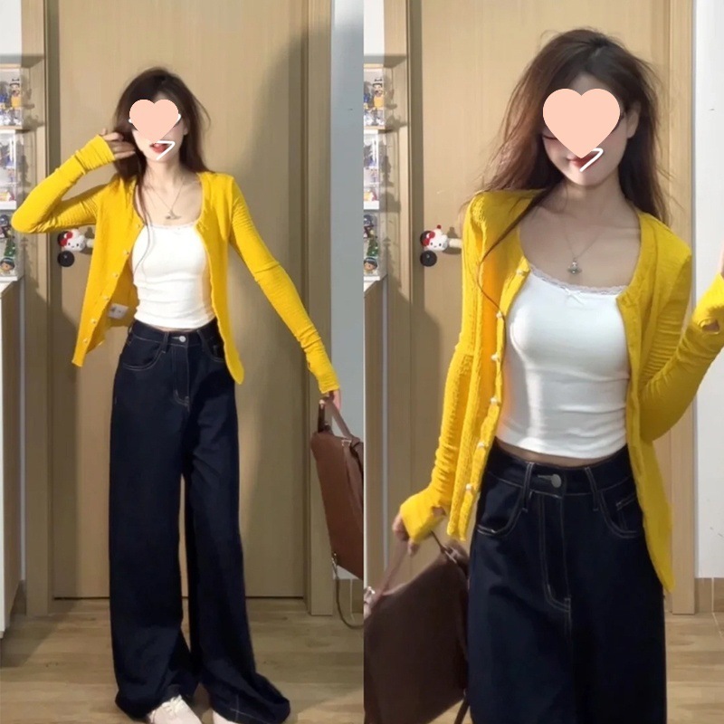 黄色针织开衫外套女秋季薄款外搭2025新款设计感修身长袖上衣早秋|undefined