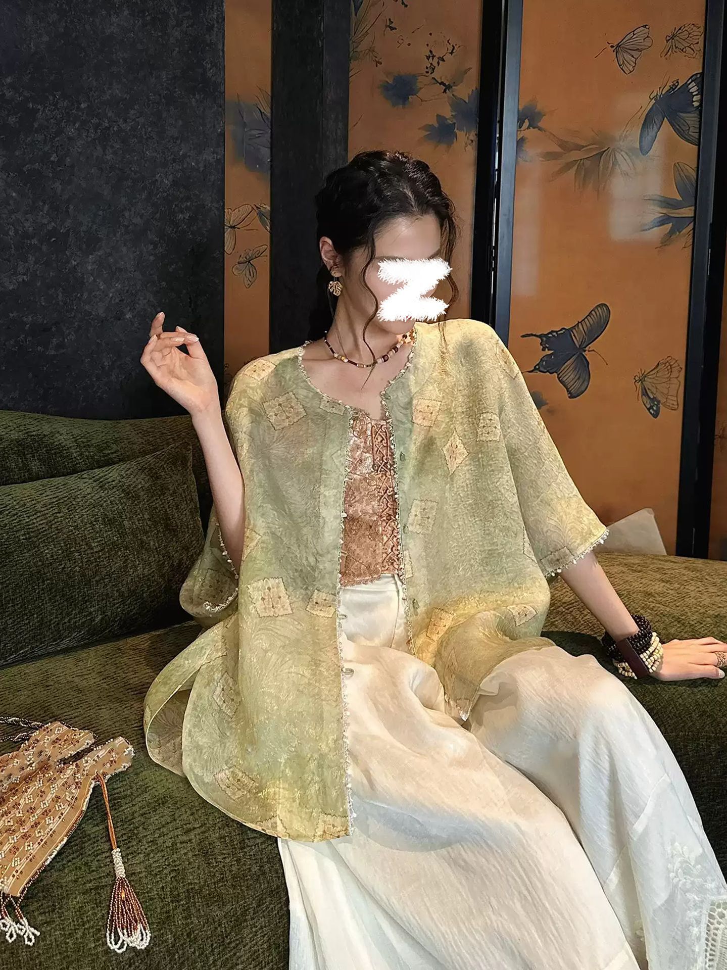Áo khoác cardigan nữ họa tiết loang màu phong cách tân cổ điển, tay ngắn, dáng rộng — Xanh liễu, Xanh trời, Bột đào, Thải Đường chi tiết 2