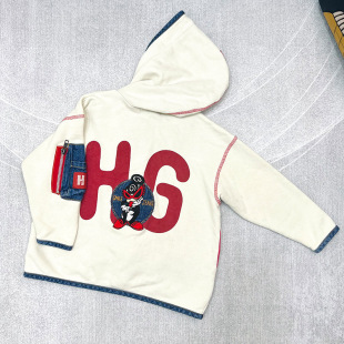 [Ready Stock] 2025 Spring and Autumn Trendy Brand Children's Clothing Black Super Embroidered Denim Pattern Pure Cotton Children's Hooded Jacket