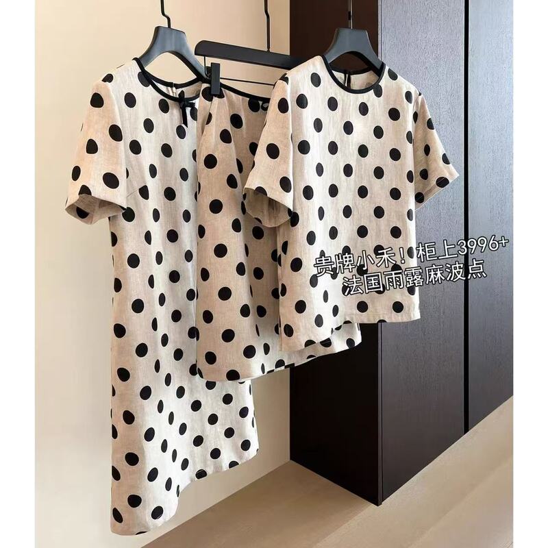Xiaohe Polka Dot Series Twill Rain Dew Linen Short-Sleeved Shirt Top Elegant Skirt Dress Women X0608Y