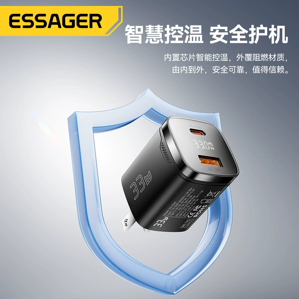 Цифровой дисплей Essager GaN PD33W быстрая зарядка головка питания A+C двойной порт мини-зарядное устройство для путешествий