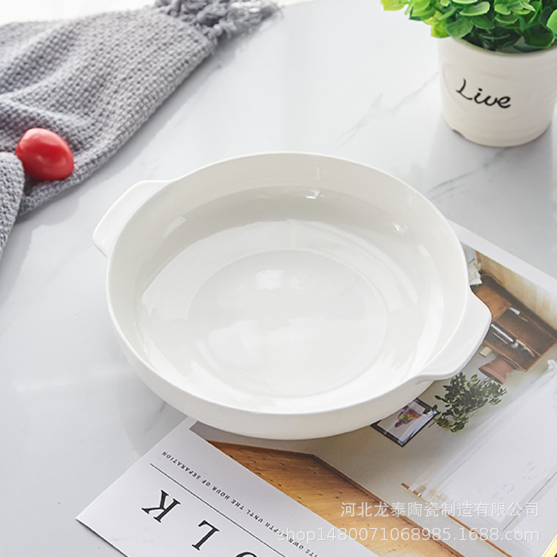 純白の骨磁器の金辺の両耳の巣の皿の陶磁器の家庭用の料理の皿のアイデアの円形の深い皿の取っ手のスープの皿は印字することができます。|undefined