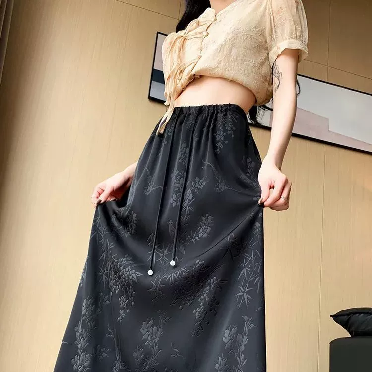 Новая юбка из жаккардового ацетатного атласа в китайском стиле для женщин, весна-лето, новая эластичная юбка с высокой талией и драпировкой, длинная юбка