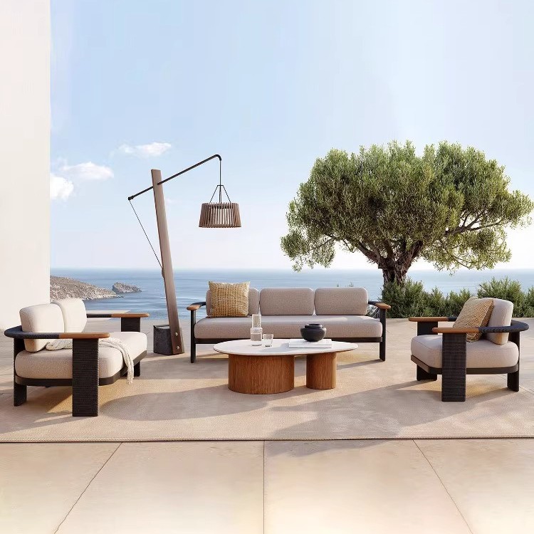 Muebles al aire libre ocio patio jardín sofá de caña hotel balcón al aire libre mesas y sillas de madera maciza terraza combinación de villa
