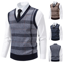 跨境外贸速卖通男秋冬大码格子套衫毛衣男爸爸宽松坎肩针织衫背心