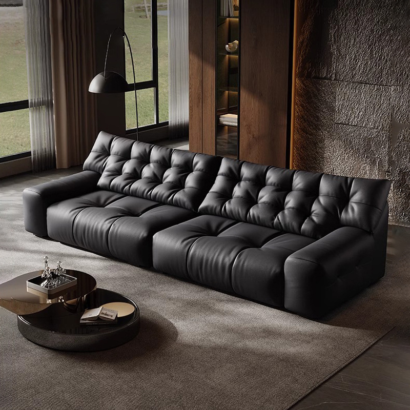 Sofá de oso negro italiano minimalista sofá de cuero de vaca, sala de estar sofá de línea recta diseñador de sofá negro