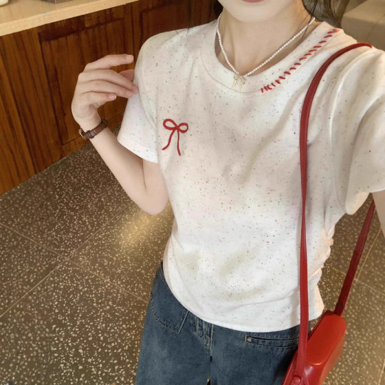 Summer Short-Sleeved T-Shirt New Korean Style Slim Right Shoulder Round Neck Pleated Slim Slim Short Top Export Wholesale