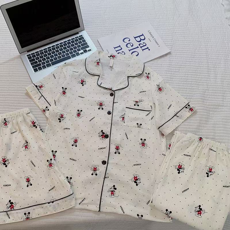 Summer Summer Porch Mickey Cloud Cotton Three-Piece Set Lapel Short-Sleeved Shorts Trousers Home Clothes Pajamas Women's Suit