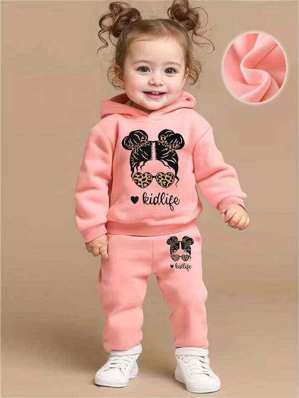 Cute Baby Girls Cartoon Print Fleece Hoodie and Jogger Set - Perfect for Spring/Fall Outdoor Activities Cute Baby Girls Cartoon Print Fleece Hoodie and Jogger Set - Perfect for Spring/Fall Outdoor Activities