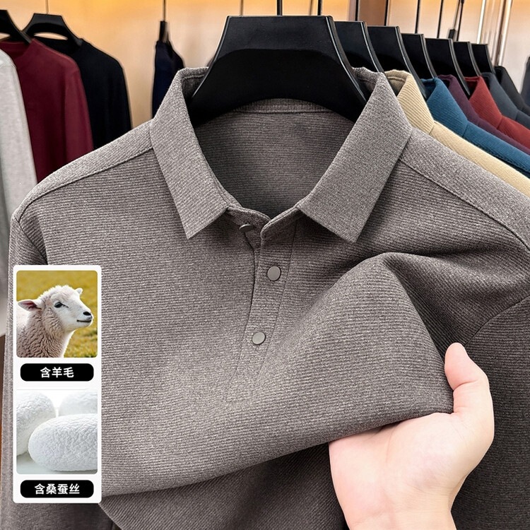 Live-streaming bestseller: men's wool and mulberry silk polo shirt, long-sleeved T-shirt for young and middle-aged men