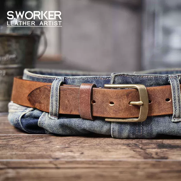 Simple Retro First-Layer Cowhide Men's Belt with Pure Copper Buckle, Pin Buckle, Handmade Italian Genuine Leather Thickened Belt