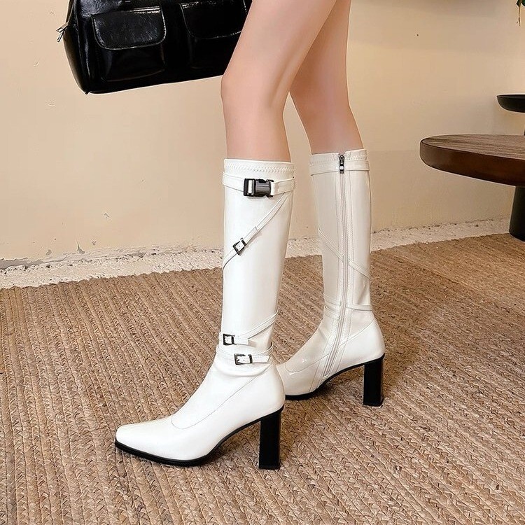 Street-Style Chunky High-Heeled Knee-High Riding Boots for Women, Autumn and Winter British Style with Belt Buckle, Slim High-Heeled Boots, Long Motorcycle Fashion Boots Street-Style Chunky High-Heeled Knee-High Riding Boots for Women, Autumn and Winter British Style with Belt Buckle, Slim High-Heeled Boots, Long Motorcycle Fashion Boots