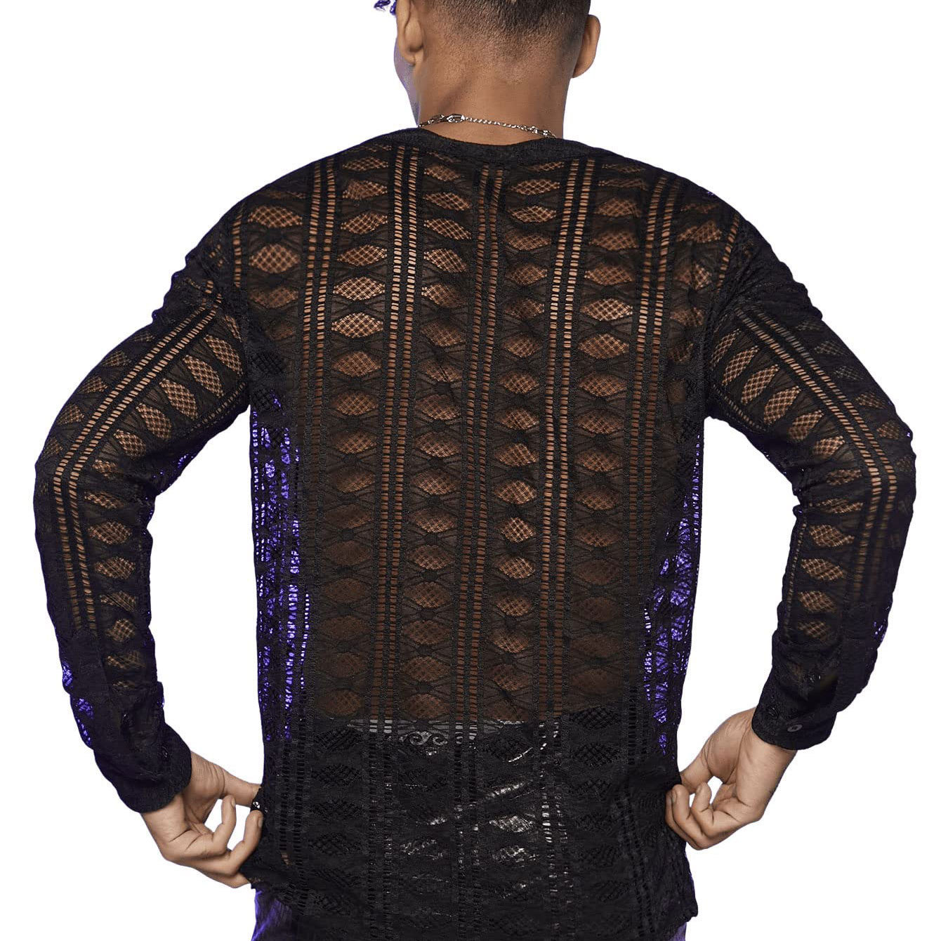 Spot red de pesca de hombre europeo y americano transparente de manga larga con cuello hueco transparente camisa transparente camisa de hombre hueco