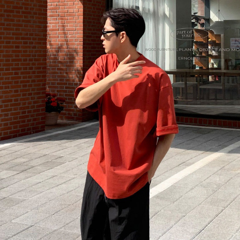 Myq日系レトロ重ポンドtシャツ男性夏韓国版ゆるい純綿半袖純色丸首半袖tシャツ潮