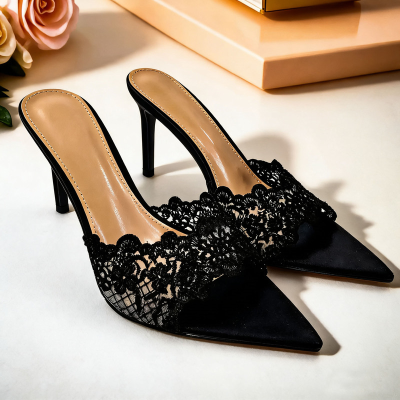 Sandals in Stock for Cross-Border Sales, Pointed Toe Lace Thin Heels, Sexy Hollow Design, Large Size, Elegant High-Heeled Sandals 36-43