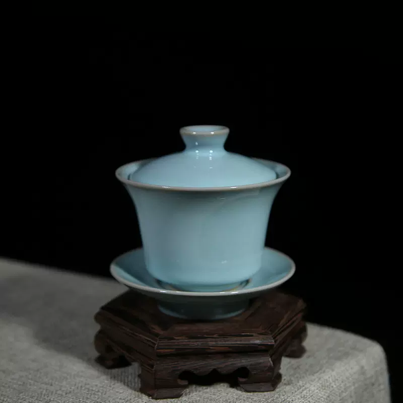 汝窑高端家用中式可养不烫手泡茶家用陶瓷单个支钉马蹄三才盖碗