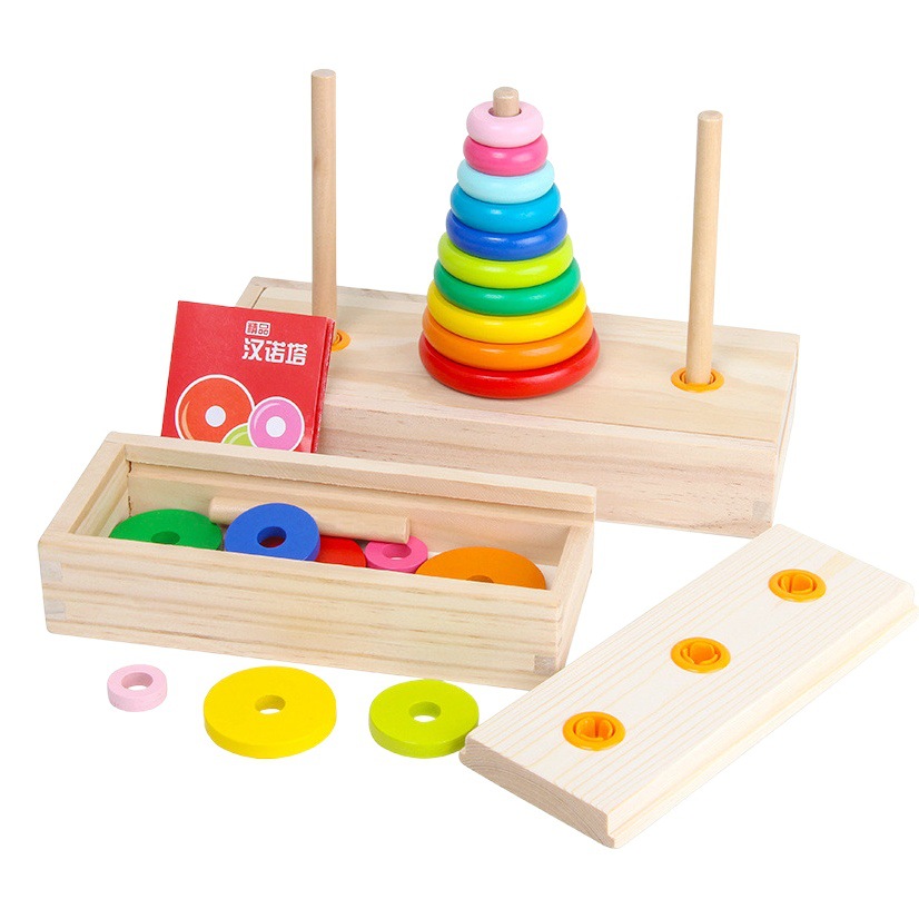 Torre de madera de Hanoi 10 capas estudiantes de primaria educación temprana niños Juego de inteligencia pensamiento lógico despacho de aduanas Torre de juguete de Hanoi