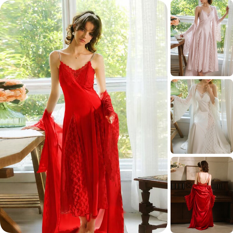 Bridal robe set, lace-trimmed long-sleeved outer robe, patchwork design, camisole-style long nightgown, women's loungewear nightdress 976