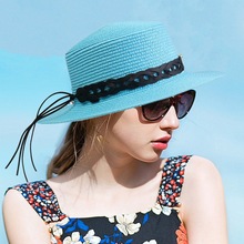 新款时尚平顶草帽韩版女出游沙滩帽夏季防晒遮阳帽子黑色镂空配饰