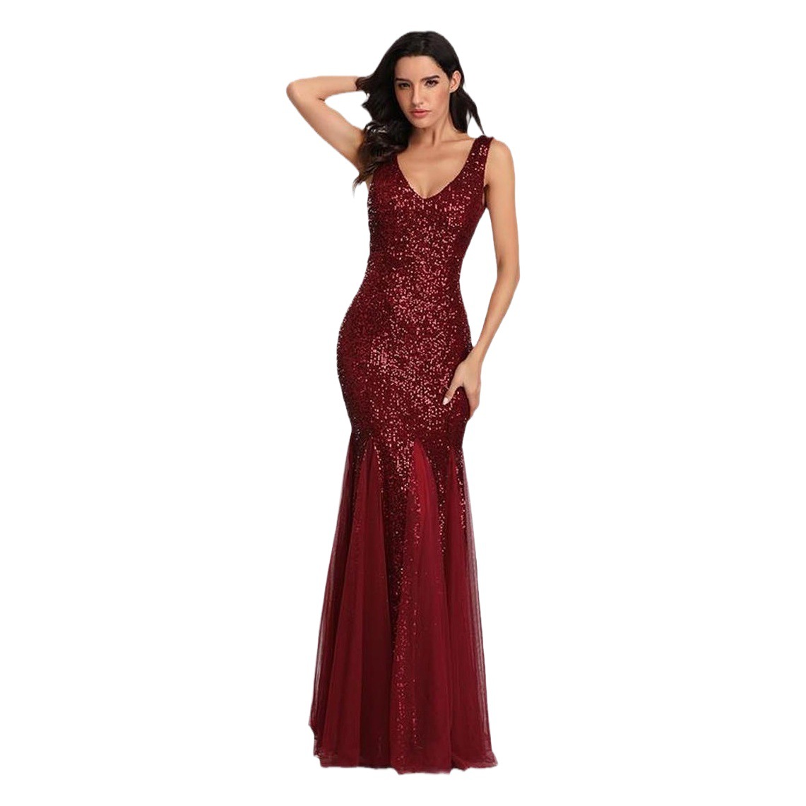 Vestido de noche con lentejuelas estilo europeo y americano, vestido de sirena rojo ajustado para novias (4 colores)