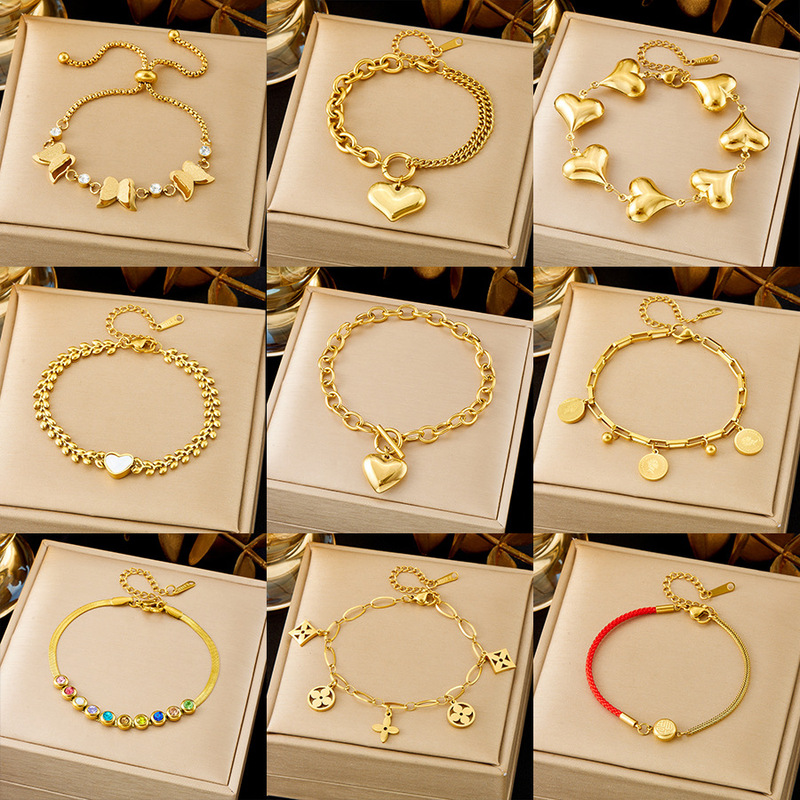 All-match ins Golden Fashion Jewelry Bracelet Light Luxury Simple New Color-free Titanium Steel Bracelet Women's Four-leaf Clover Cross-border All-match ins Golden Fashion Jewelry Bracelet Light Luxury Simple New Color-free Titanium Steel Bracelet Women's Four-leaf Clover Cross-border