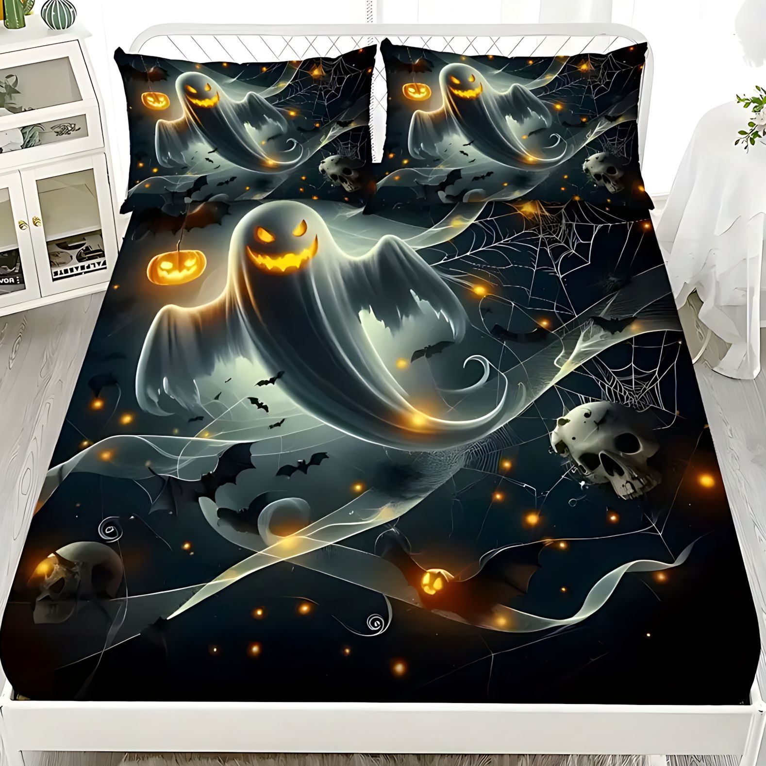 TEMU / JIT Cross-border series de Halloween impresión digital cama suave camisa funda colchón set de ropa de cama
