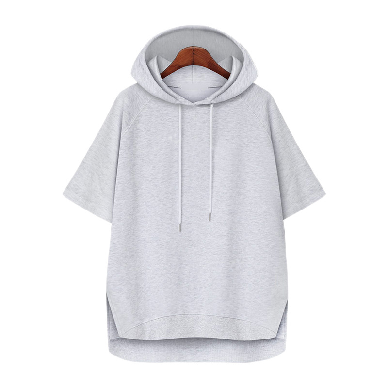 Estilo coreano color sólido simple verano cordón camiseta verano Mujer suéter con capucha manga corta suelta split 200kg Campus Todo a juego