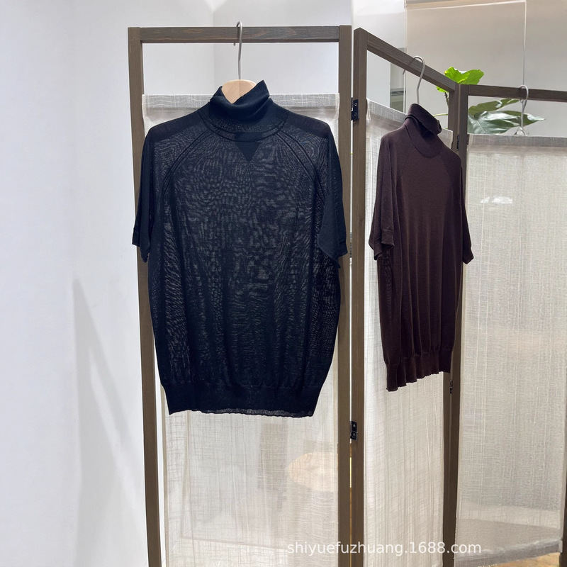 Niche Simple Italian Design Pra Triangle Label Patch Ultra-Fine Wool Light and Slightly See-Through High Collar Half-Sleeve Knitted