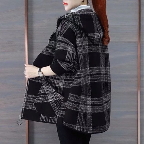 Ladies Hooded Coat 2024 Autumn/Winter New Loose Plaid Zipper Fashion Cardigan Stylish Versatile