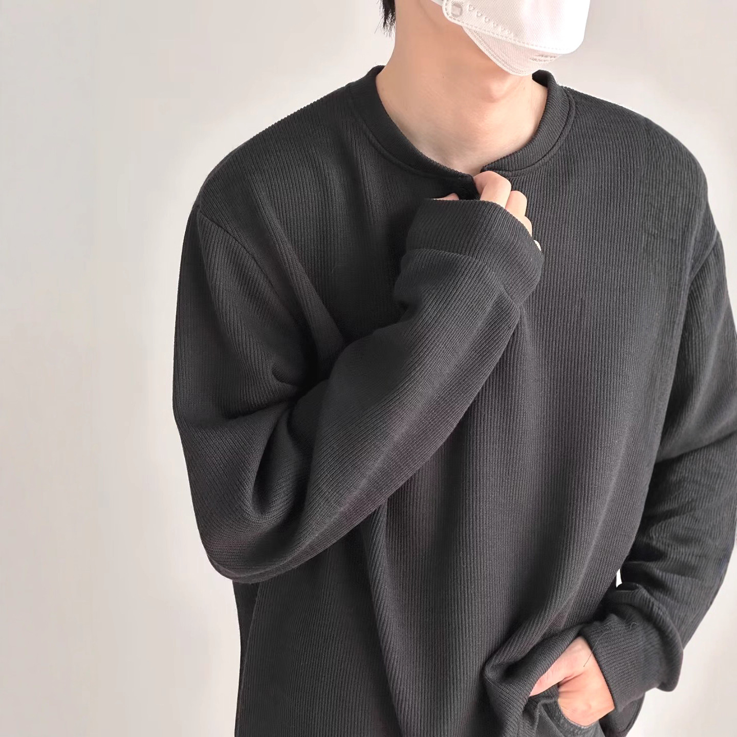 Herrenbekleidung Langarm-T-Shirt, Waffelstrick-Henley-Langarm-T-Shirt für Herren - Strukturierter, lässiger Arbeitspullover mit Knopfleiste_voghion.com