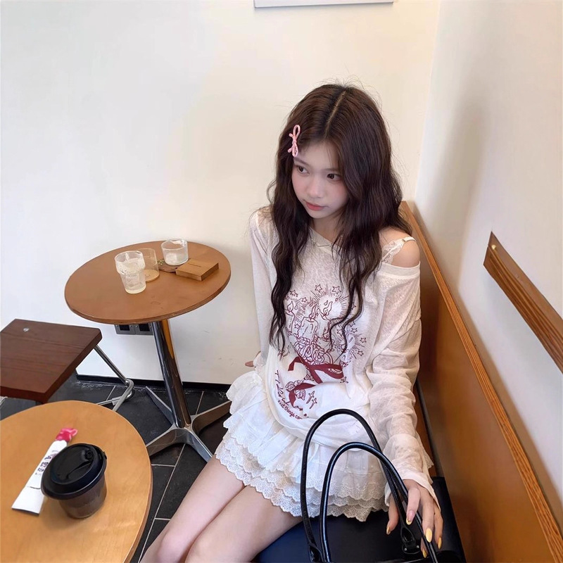 慵懒风宽松印花长袖印花罩衫T恤女夏季中长款薄款外搭防晒衫上衣|undefined