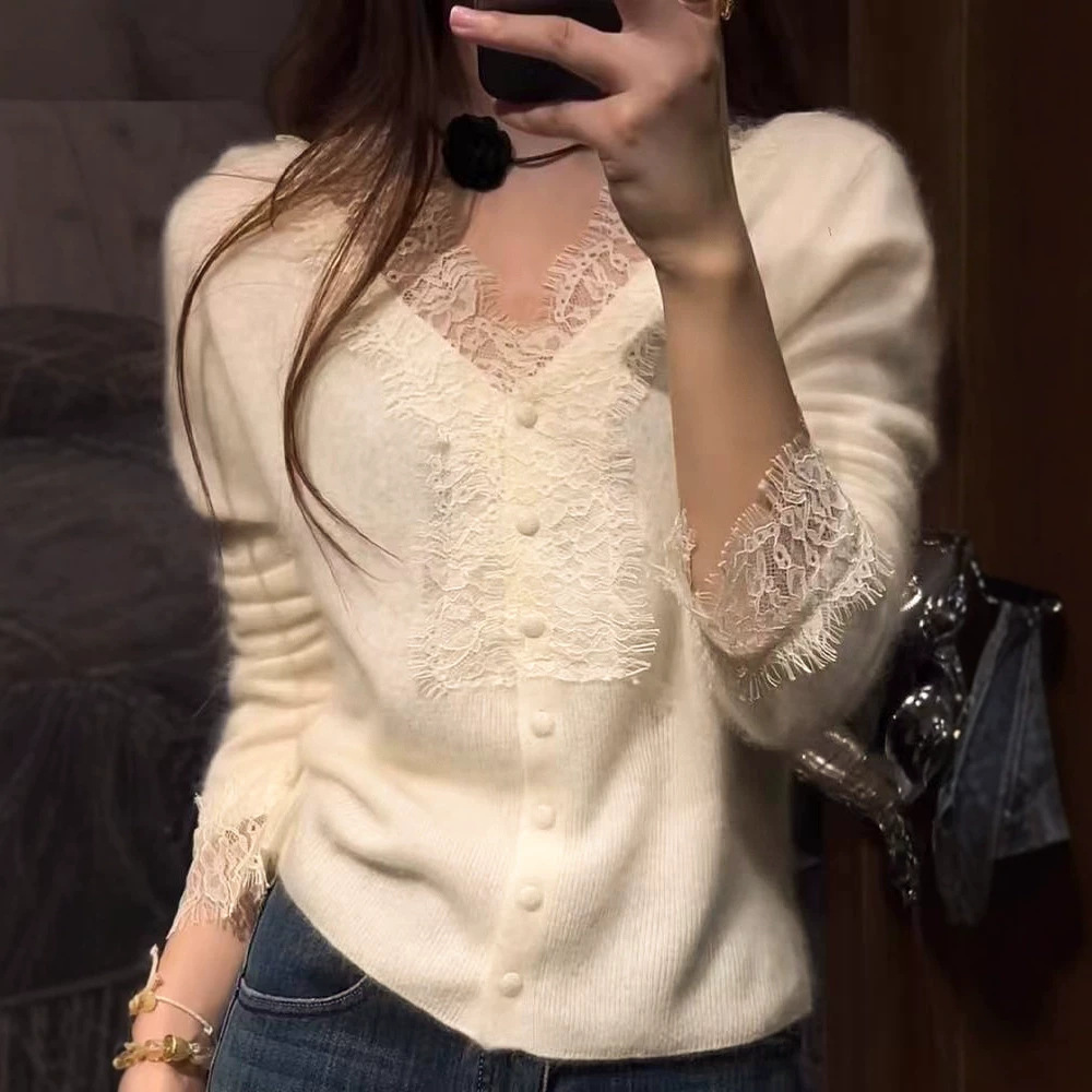 Lace-trimmed 35% cashmere knitted cardigan, unique design, niche top, thin autumn base layer sweater