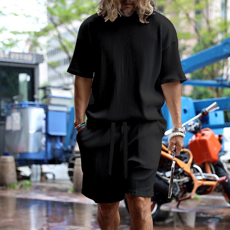 Men's Summer Vertical Stripe Lounge Set, Breathable Short Sleeve Shirt And Shorts Outfit For Vacation & Casual Wear_viptrois.com