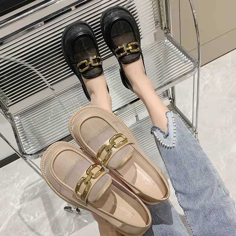 Women's mesh loafers 2023 Summer new thick-soled round toe chunky heel JK leather shoes mesh hollow breathable single-layer shoes